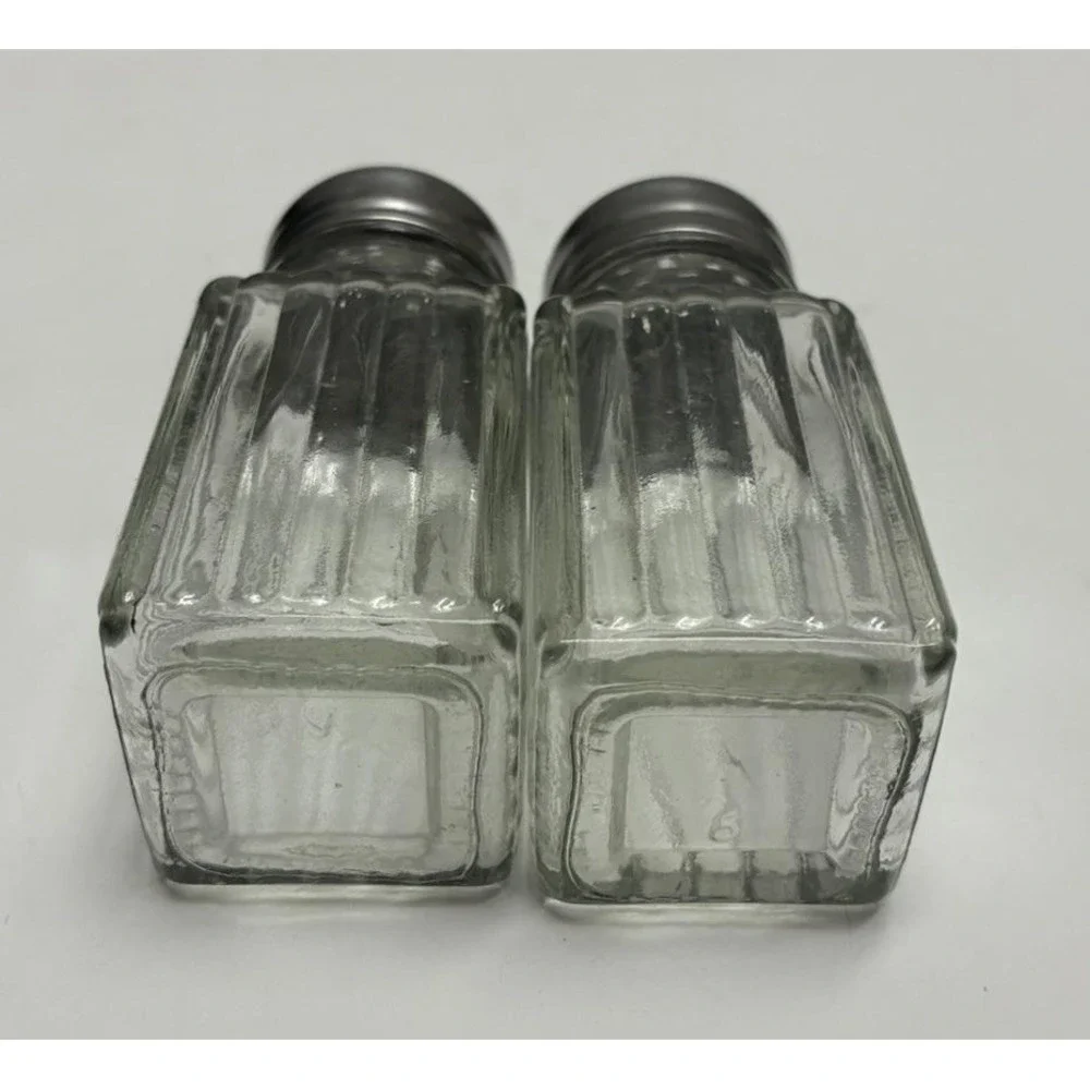 Vintage Ribbed Square Salt & Pepper Shakers Clear Chrome Clear Glass‎